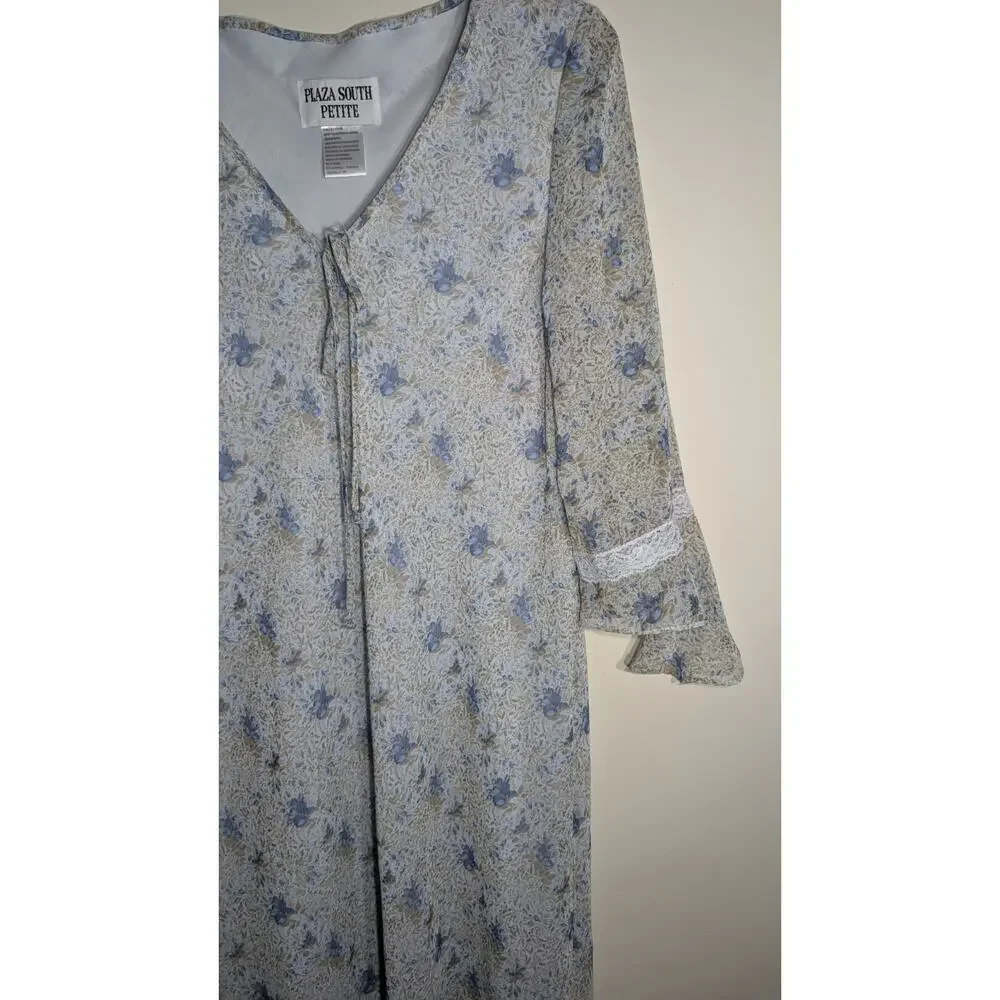 Plaza South Petite Floral Nightgown Dress 14P Blue White Lace Trim Long‎ cottage
